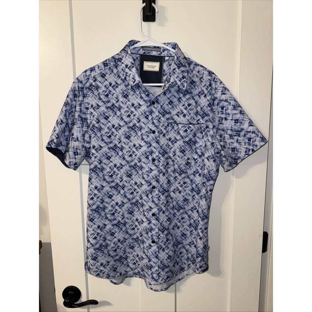 7 Diamonds Mens Short Sleeve Button Down Shirt Size M White Blue 4 Way Stretch